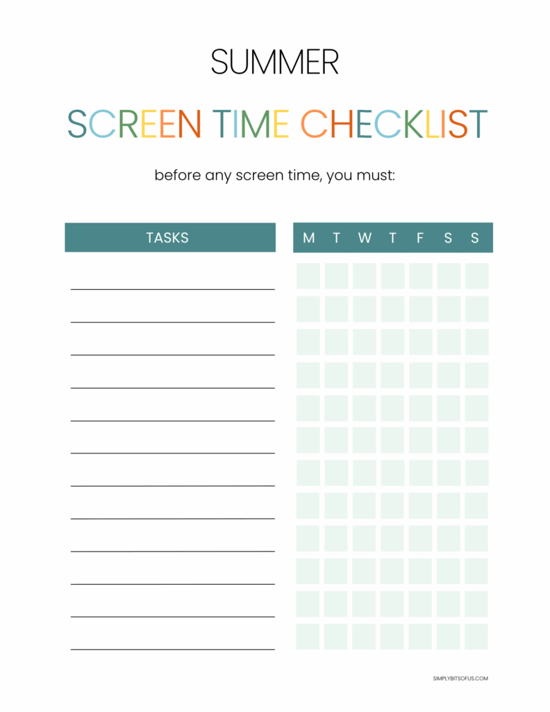 Summer screen time checklist printable